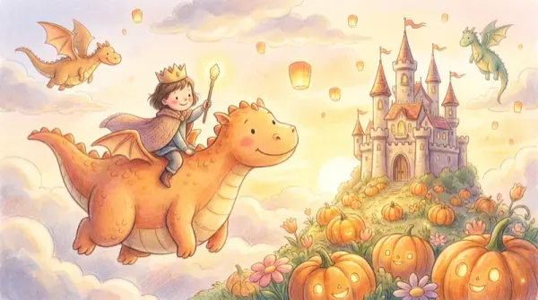 AI-generated illustration of a child hero in a dragon kingdom with a friendly dragon and castle
