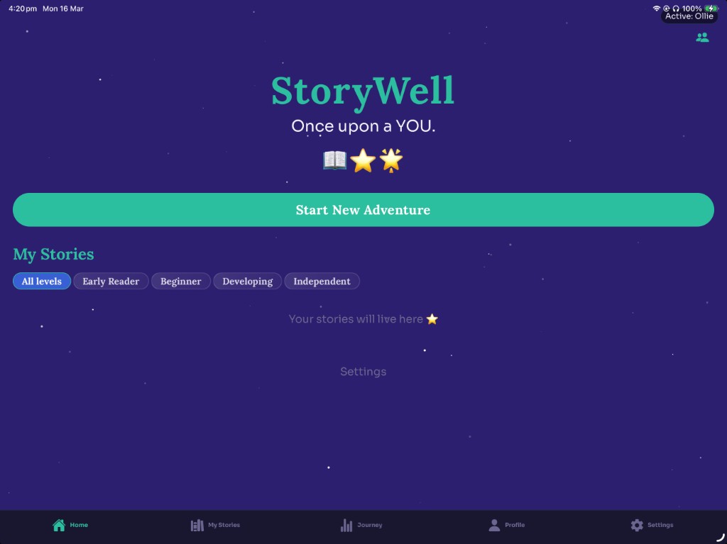 Landscape iPad story library shelf showing saved adventures and return-to-reading choices