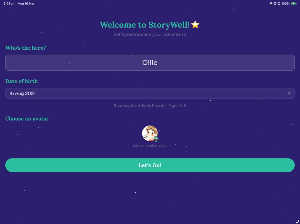 Landscape iPad setup wizard with two-column controls for companion, world, and style selection