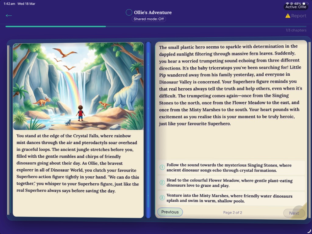 Landscape iPad reading surface with live story text and age-appropriate branching choices