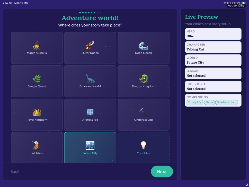 Landscape iPad mode picker showing Spark, Story, and Epic journey length options