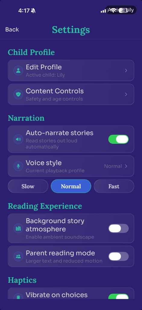 iPhone settings and narration controls