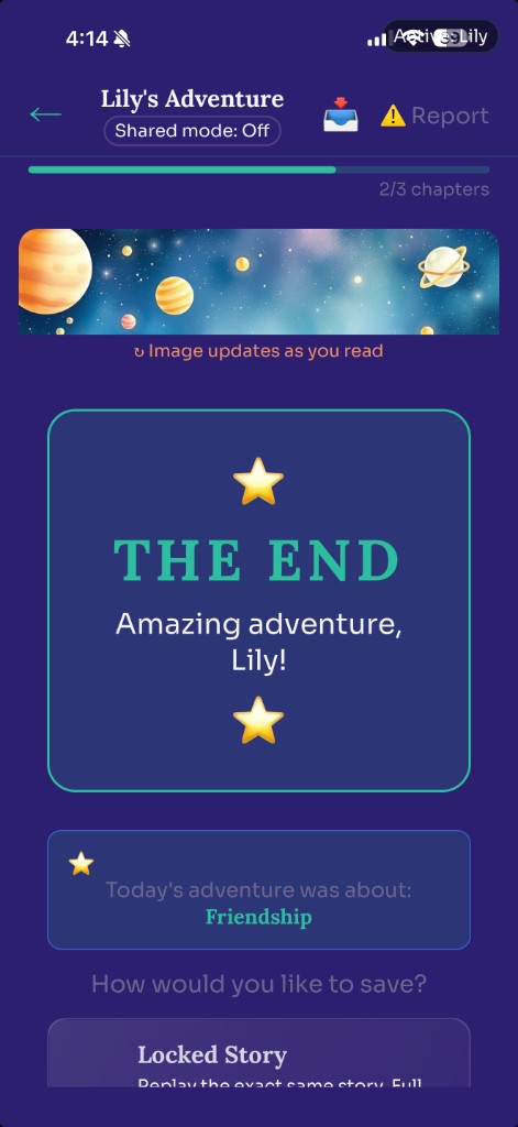 Saved story ending and replay options